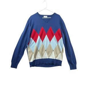 Ballantyne Cashmere Cotton Argyle Sweater Mens Large Blue Lightweight